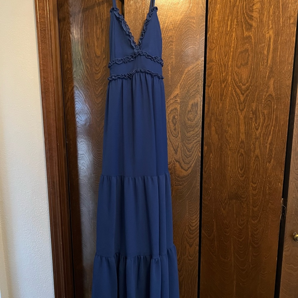 Long blue spaghetti strap dress